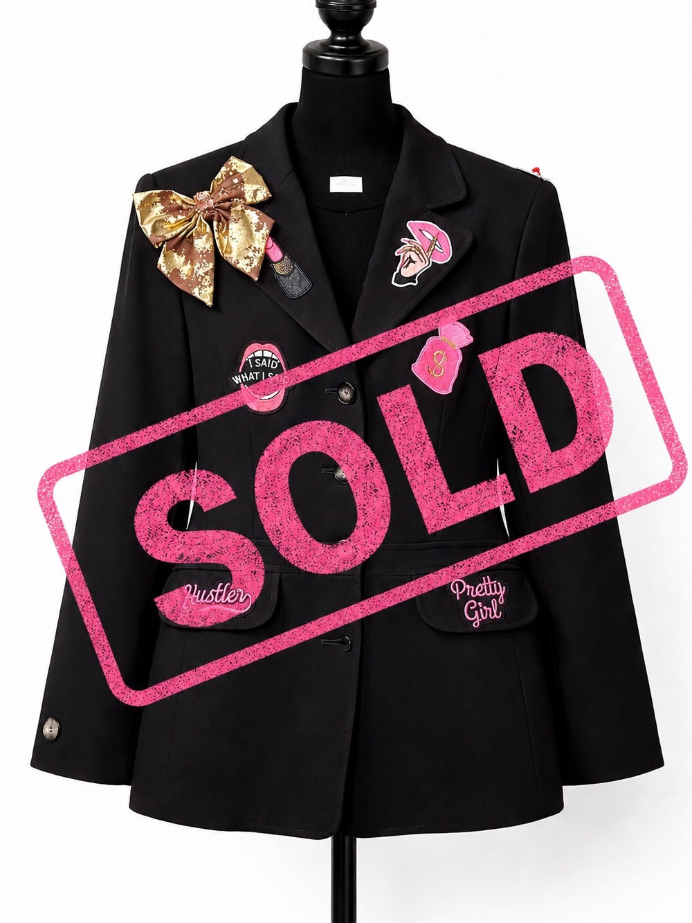 Black Embellished Blazer with Pink Patches and Gold Bow